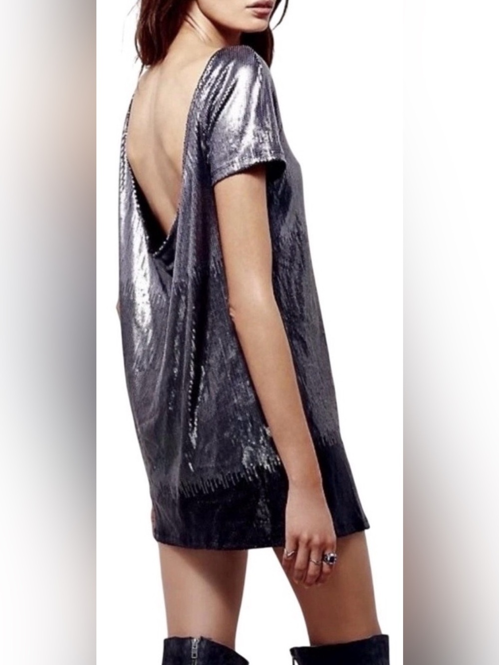 🪩Free People DRENCHED IN SEQUINS Mini Dress in Silver Ombre XS🩶